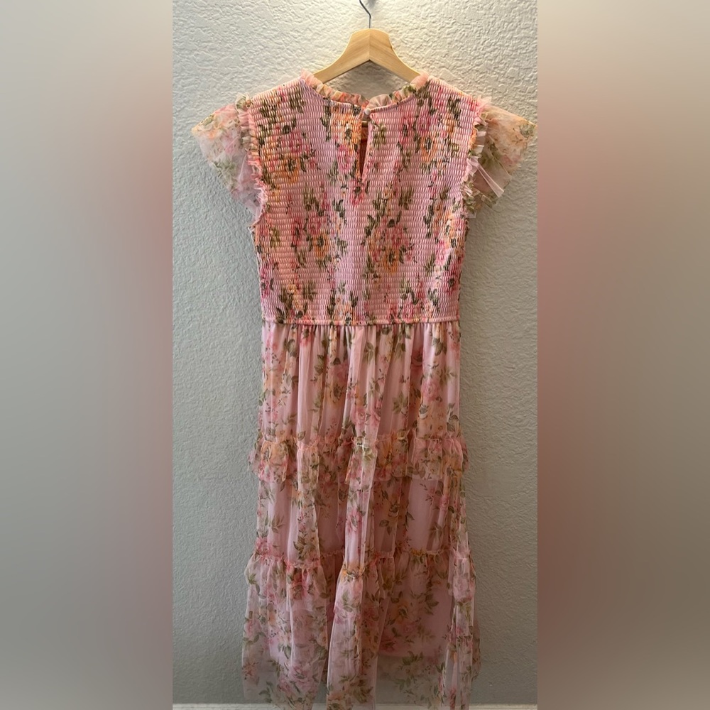 By the River Pink Floral Smocked Midi Dress Ruffle Sleeves Tiered L Cottagecore - Picture 5 of 8